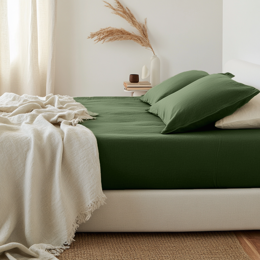 Forest Green Washed Linen Deep Pocket Fitted Sheet