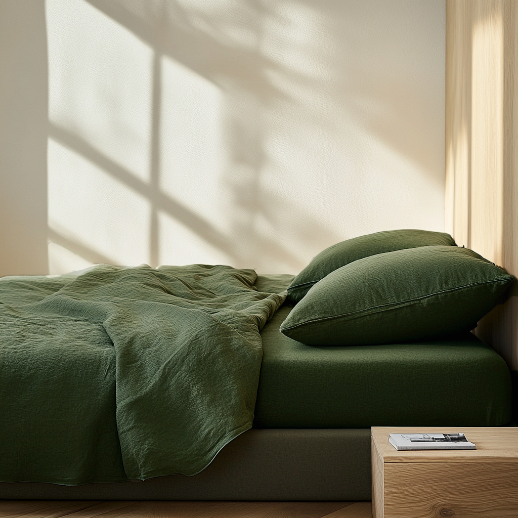 Forest Green Washed Linen Deep Pocket Fitted Sheet Set