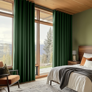 Forest Green Linen Grommet Bedroom Curtains in a Rustic Bedroom with Sage Green Walls and a Warm Wood Ceiling - Blackout Lining