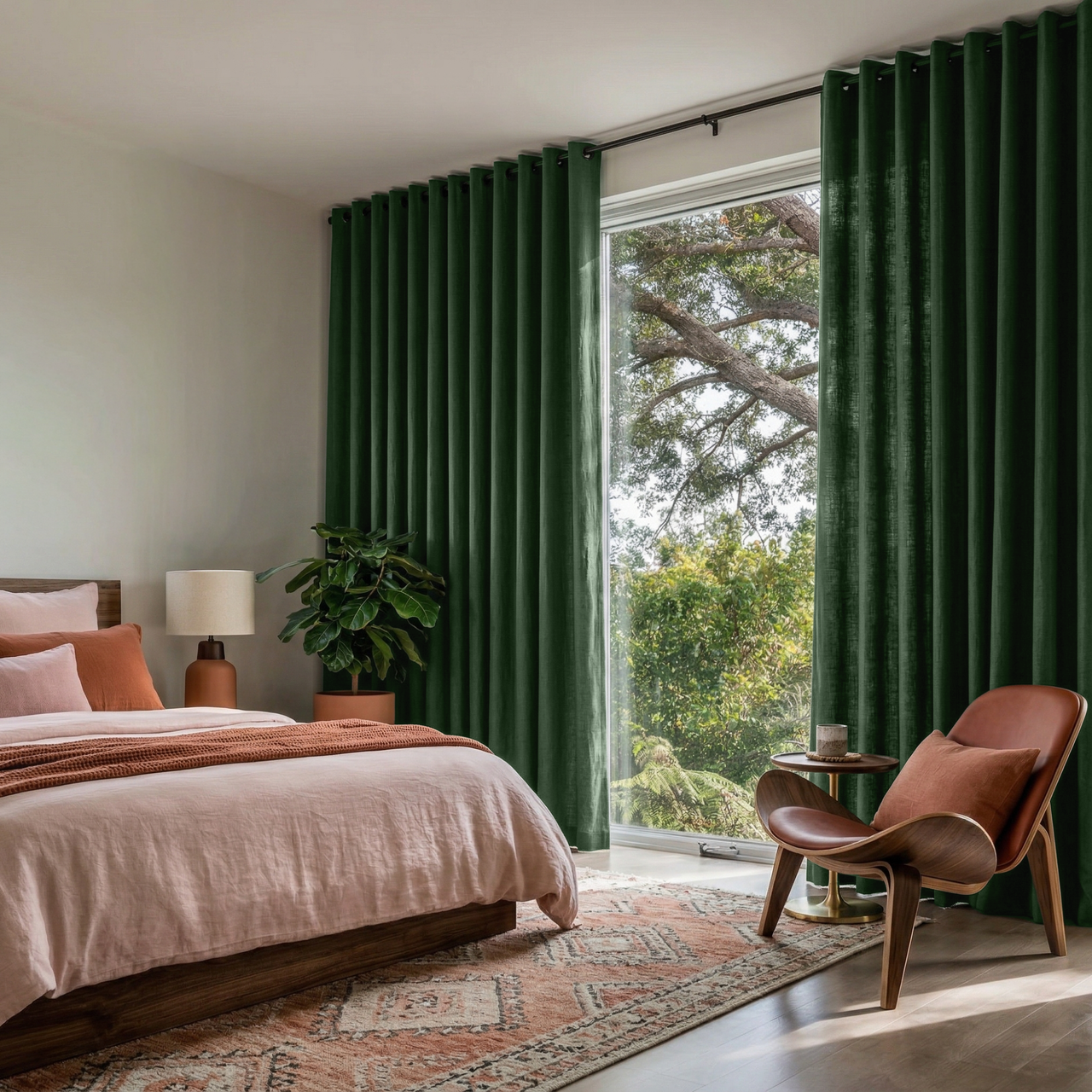Forest Green Linen Grommet Bedroom Curtains in a Bright Contemporary Bedroom with Blush Pink Bedding, a Sculptural Wood Lounge Chair, and Terracotta Accents - Cotton Lining