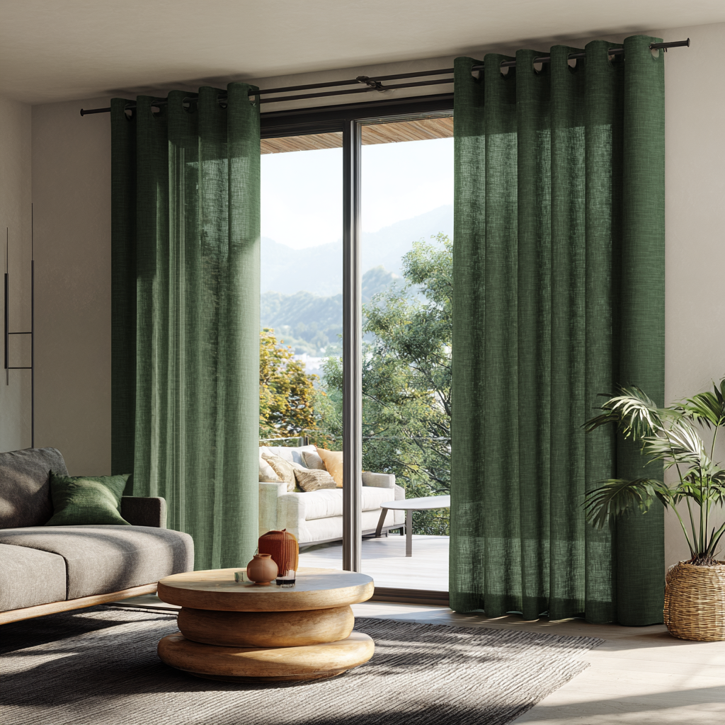 Forest Green Linen Grommet Curtains for Sliding Doors in a Living Room with Off-White Walls