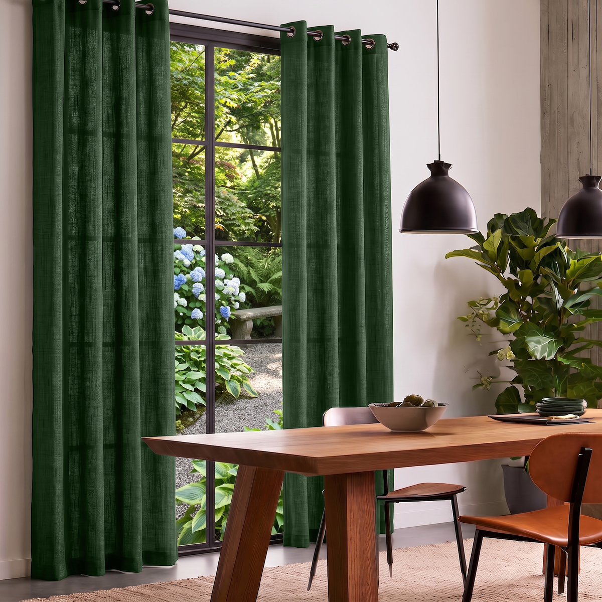 Forest Green Linen Grommet Curtains in a Contemporary Dining Room with Wooden Furniture and Lush Garden Views