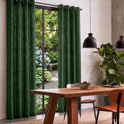 Forest Green Linen Grommet Curtains in a Contemporary Dining Room with Wooden Furniture and Lush Garden Views