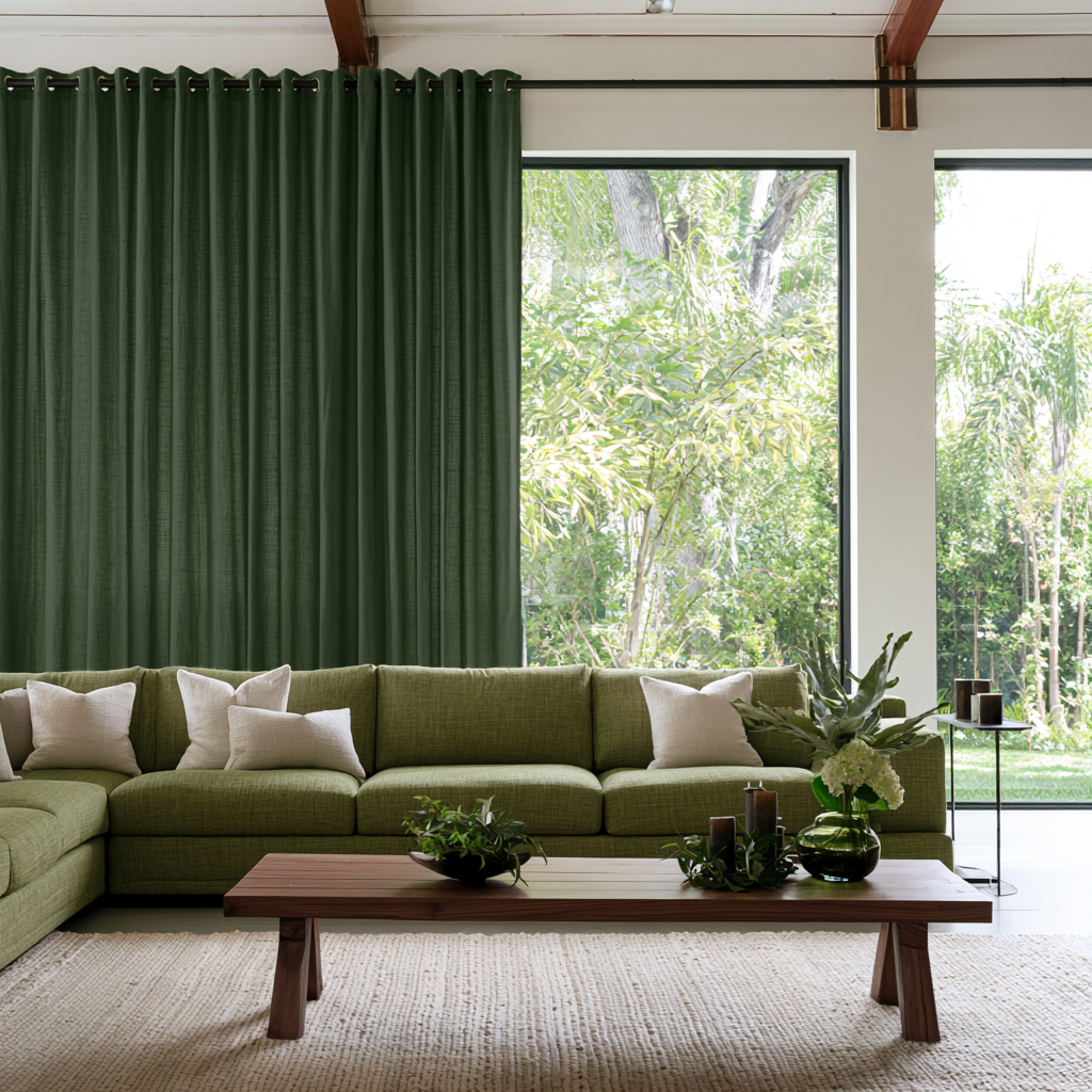 Forest Green Linen Grommet Extra Long Curtains in a Contemporary Living Room with Green Sectional Sofa and Floor-to-Ceiling Windows