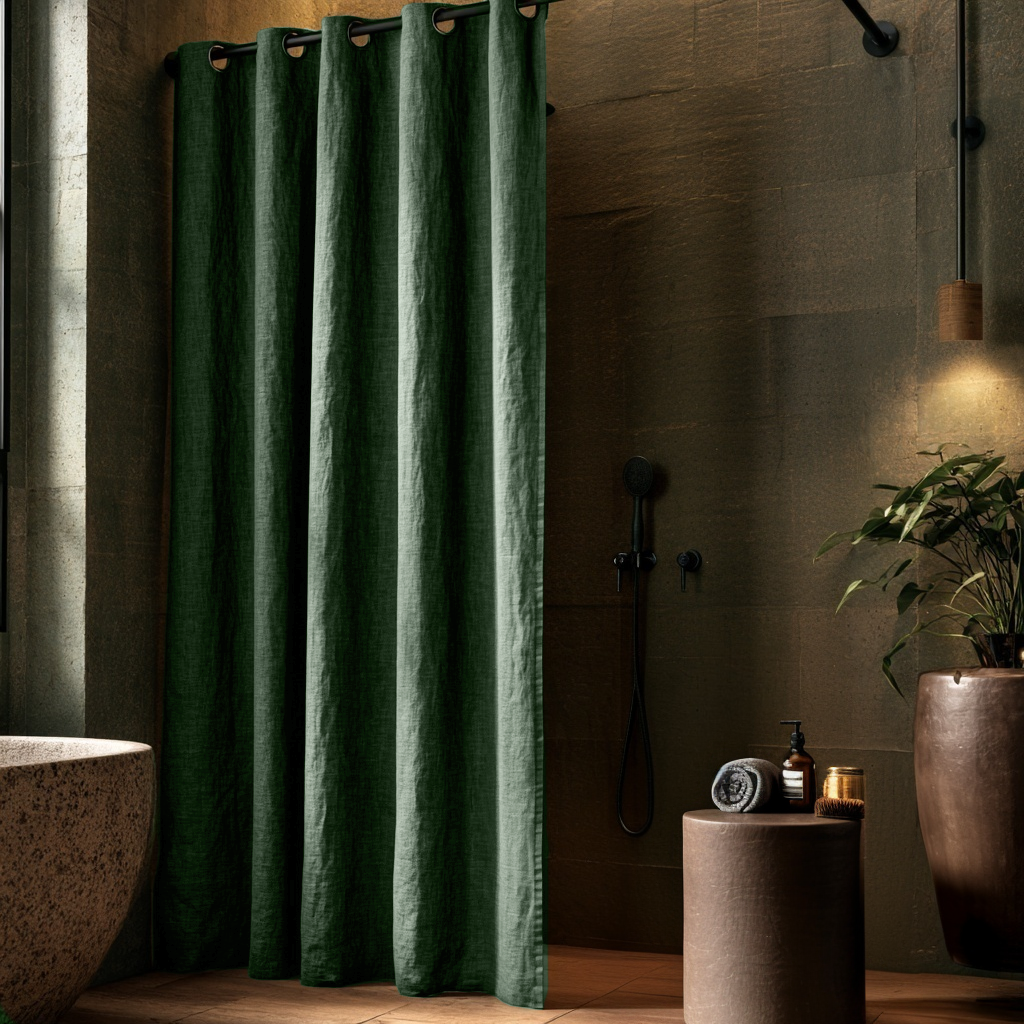 Forest Green Linen Hookless Shower Curtain in a Bathroom with Dark Stone Walls