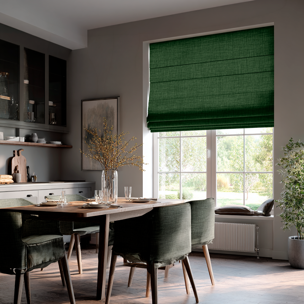 Forest Green Linen Roman Shades in a Modern Dining Kitchen with a Window Seat - Cotton Lining