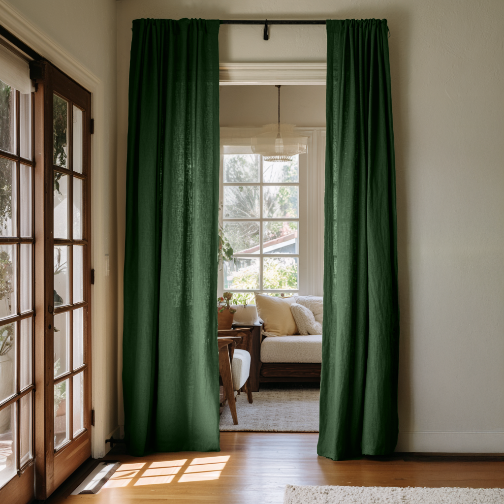 Forest Green Linen Doorway Curtain with Multitape