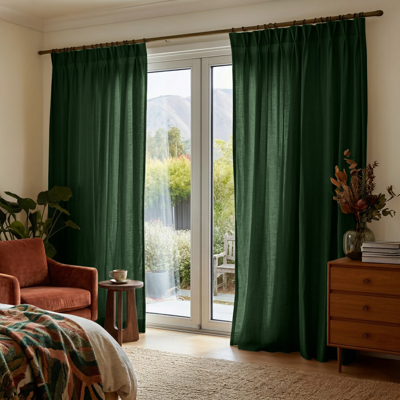 Forest Green Linen Pinch Pleat Curtains for Sliding Doors in a Bedroom with Cream Walls - Cotton Lining