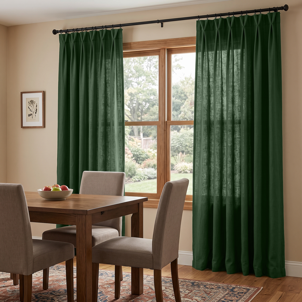 Forest Green Linen Pinch Pleat Curtains in a Traditional Dining Room with Upholstered Chairs and Garden Views