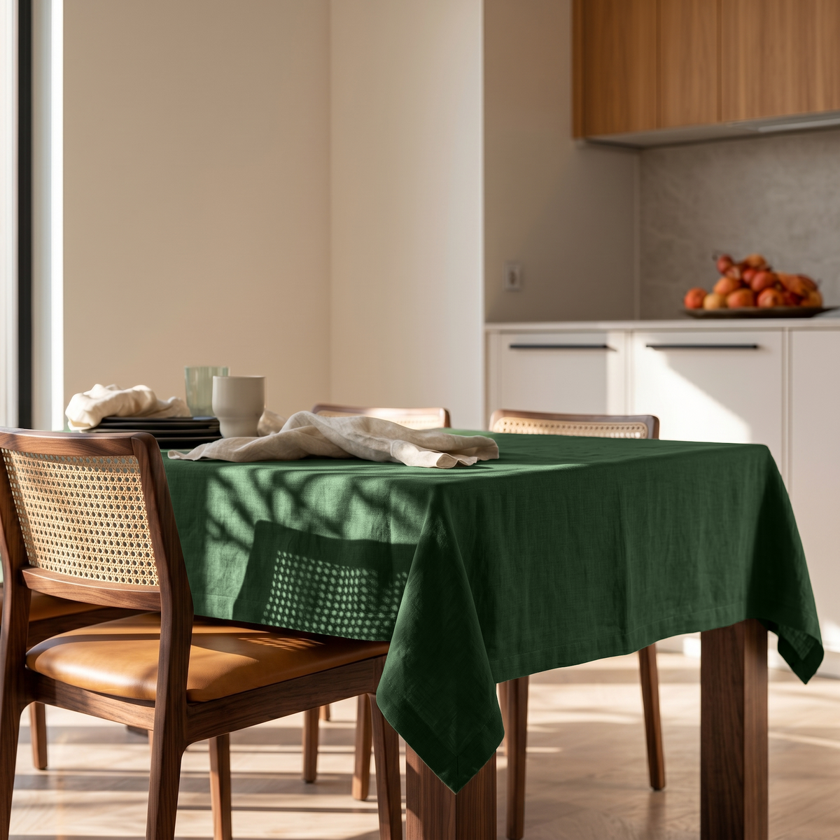 Forest Green Rectangular Linen Tablecloth in a Contemporary Kitchen with Cane-Back Chairs and Warm Wood Cabinetry