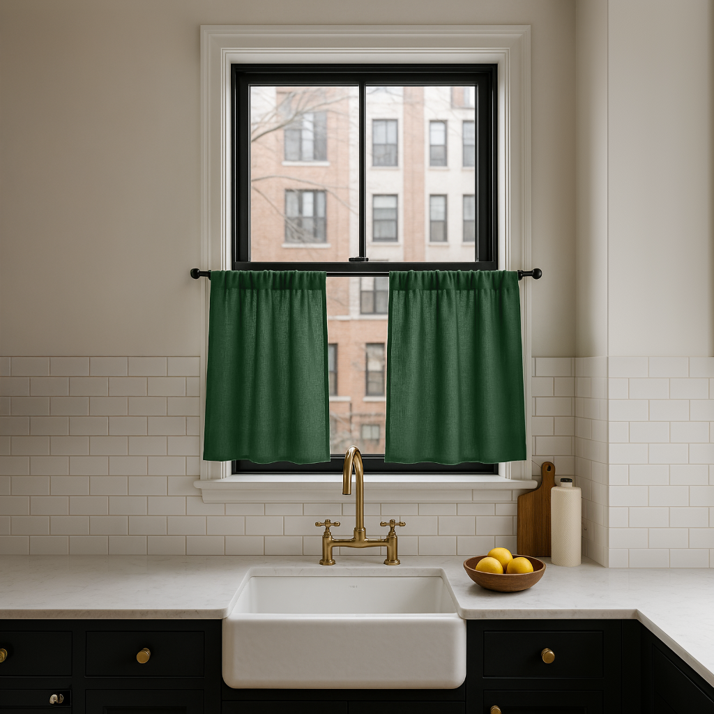 Forest Green Linen Kitchen Cafe Curtains