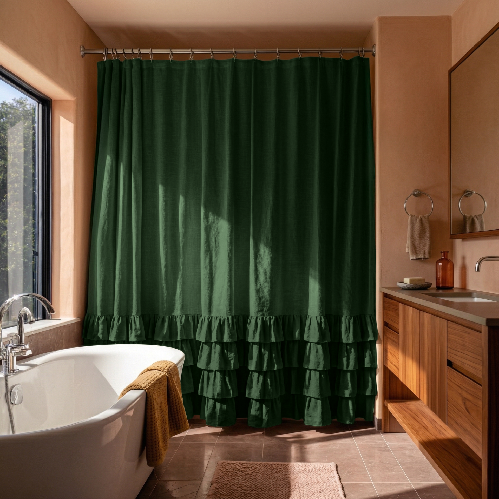 Forest Green Linen Ruffled Shower Curtain