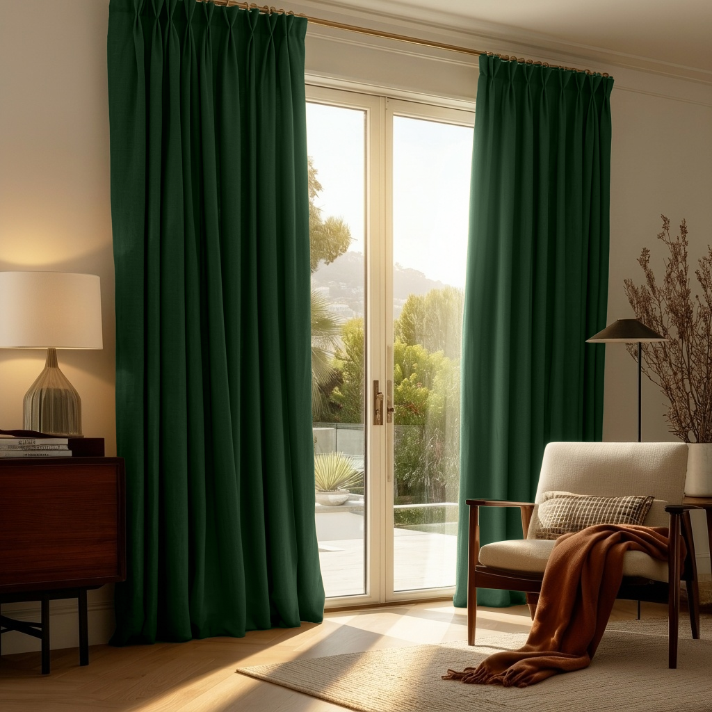 Forest Green Linen Thermal Pinch Pleat Curtains