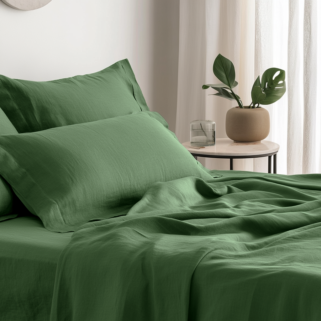 Close Up of a Forest Green Linen Top Sheet