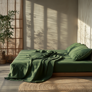Forest Green Washed Linen Deep Pocket Fitted Sheet Set