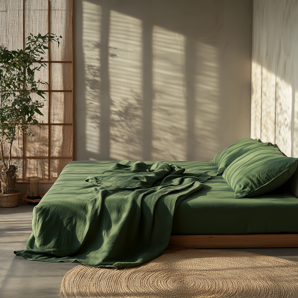 Forest Green Washed Linen Deep Pocket Fitted Sheet Set