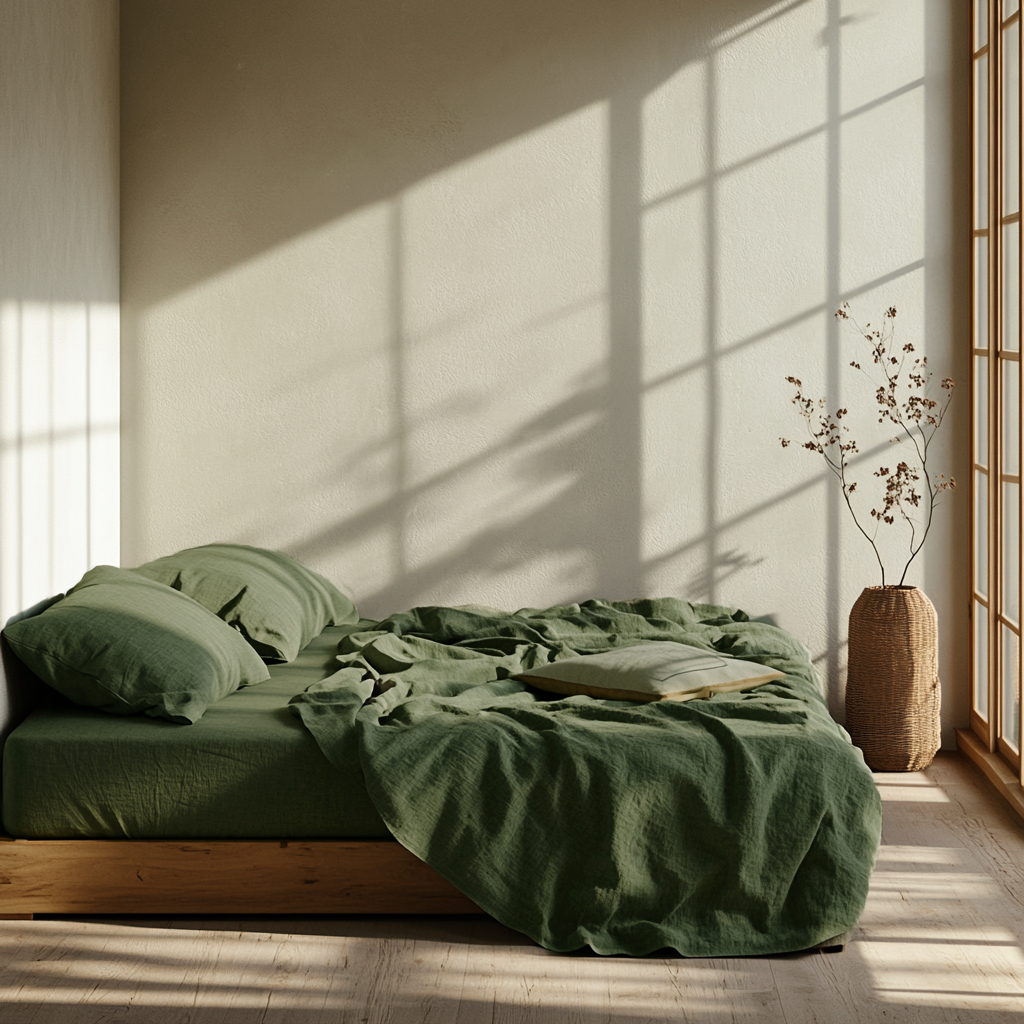 Forest Green Washed Linen Deep Pocket Fitted Sheet Set