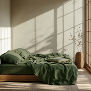 Forest Green Washed Linen Deep Pocket Fitted Sheet Set