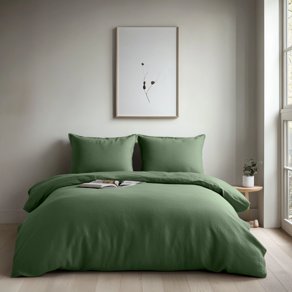 Forest Green Linen Duvet Cover Set  