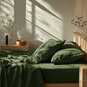 Forest Green Washed Linen Deep Pocket Fitted Sheet Set