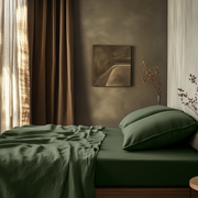 Forest Green Washed Linen Deep Pocket Fitted Sheet Set