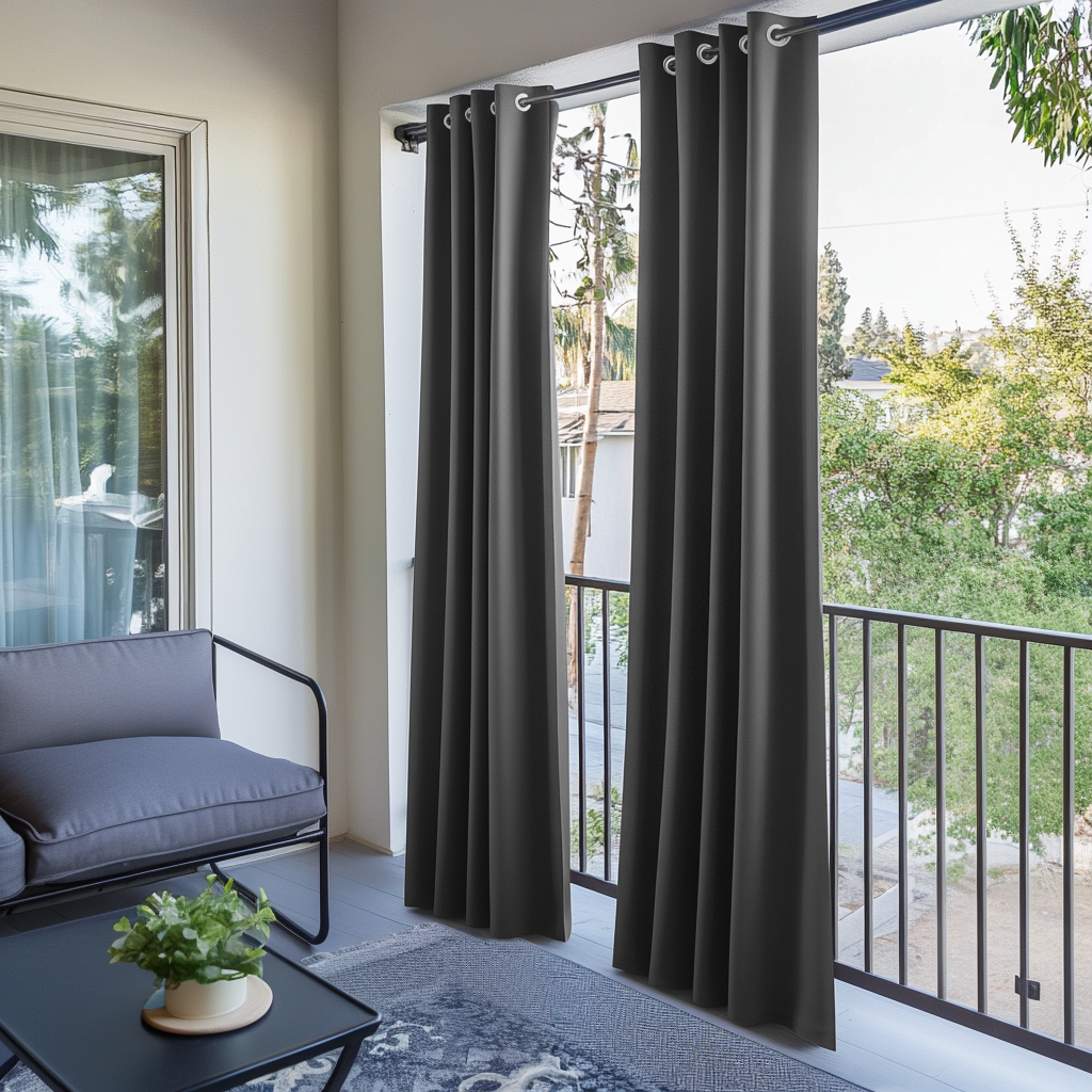 Grey Triple-Weave Outdoor Blackout Balcony Curtains with Metal Grommets