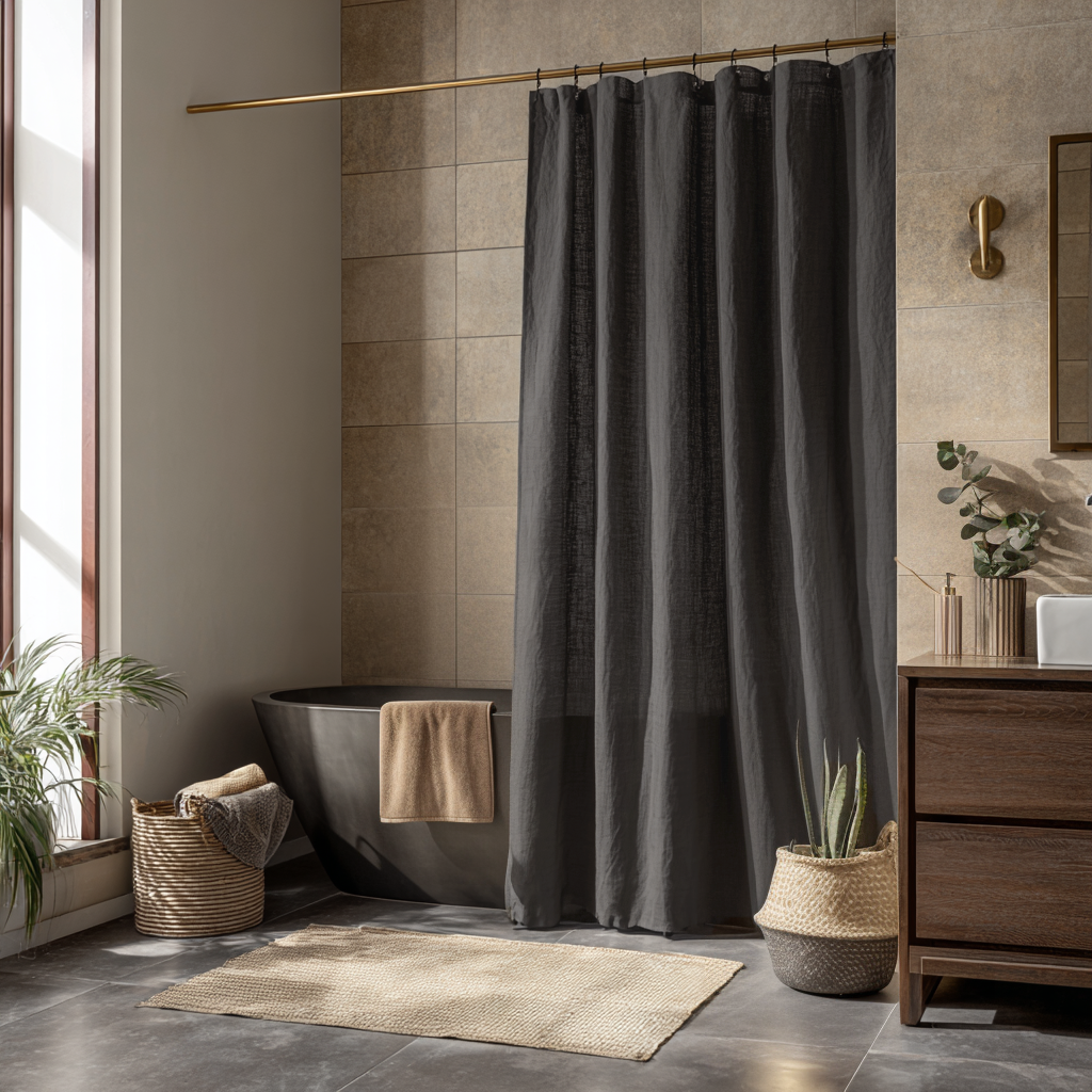 Charcoal Grey Linen Shower Curtain