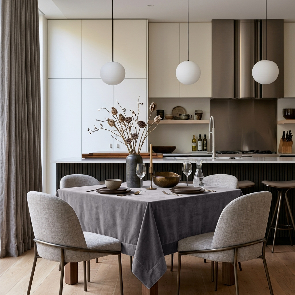Grey Square Velvet Tablecloth in a Contemporary Kitchen with  Neutral Cabinetry