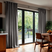Grey Velvet Back Tab Blackout Curtains for Sliding Doors in a Dining Room with Grey Walls
@Heading: Back Tabs
