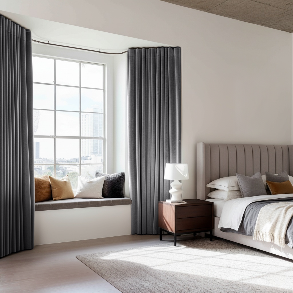 Grey Velvet Back Tab Blackout Curtains in a Bedroom with White Walls