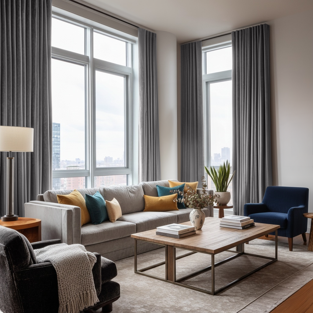 Grey Velvet Back Tab Blackout Curtains in a Living Room with Off-White Walls