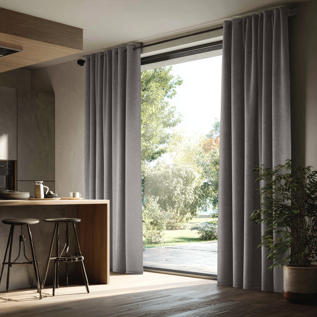 Grey Velvet Grommet Blackout Curtains for Sliding Doors in a Kitchen with Light Grey Walls
@Heading: Grommets