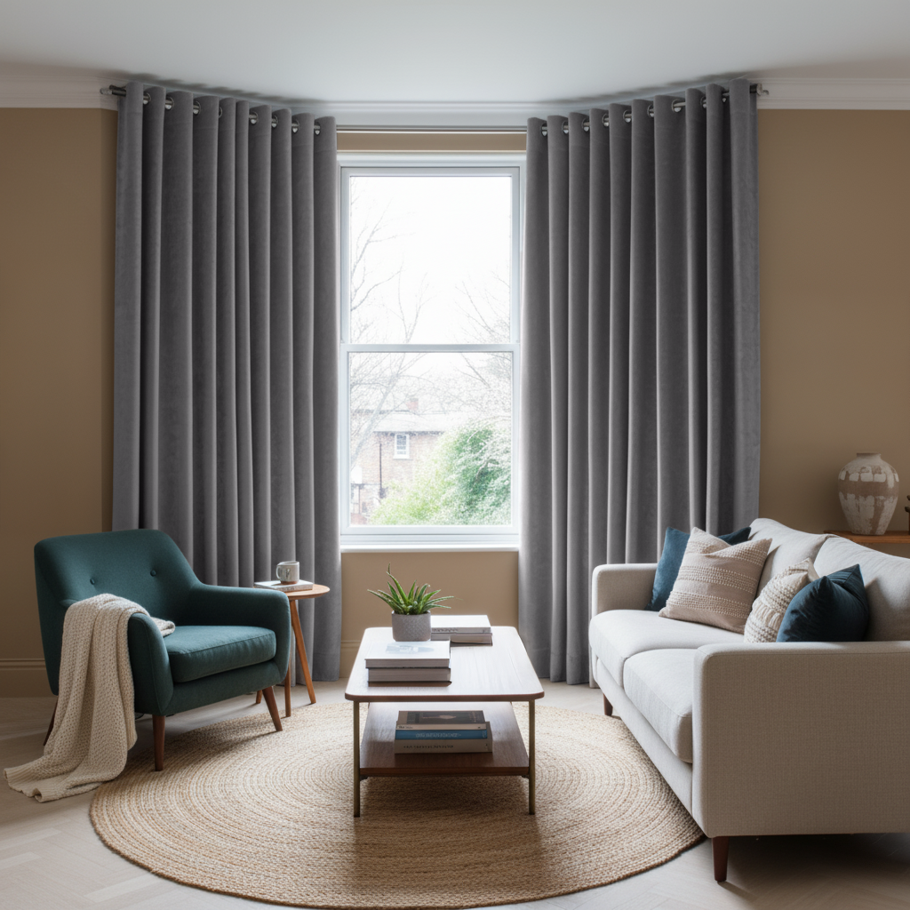 Grey Velvet Grommet Blackout Curtains in a Living Room with Tan Walls