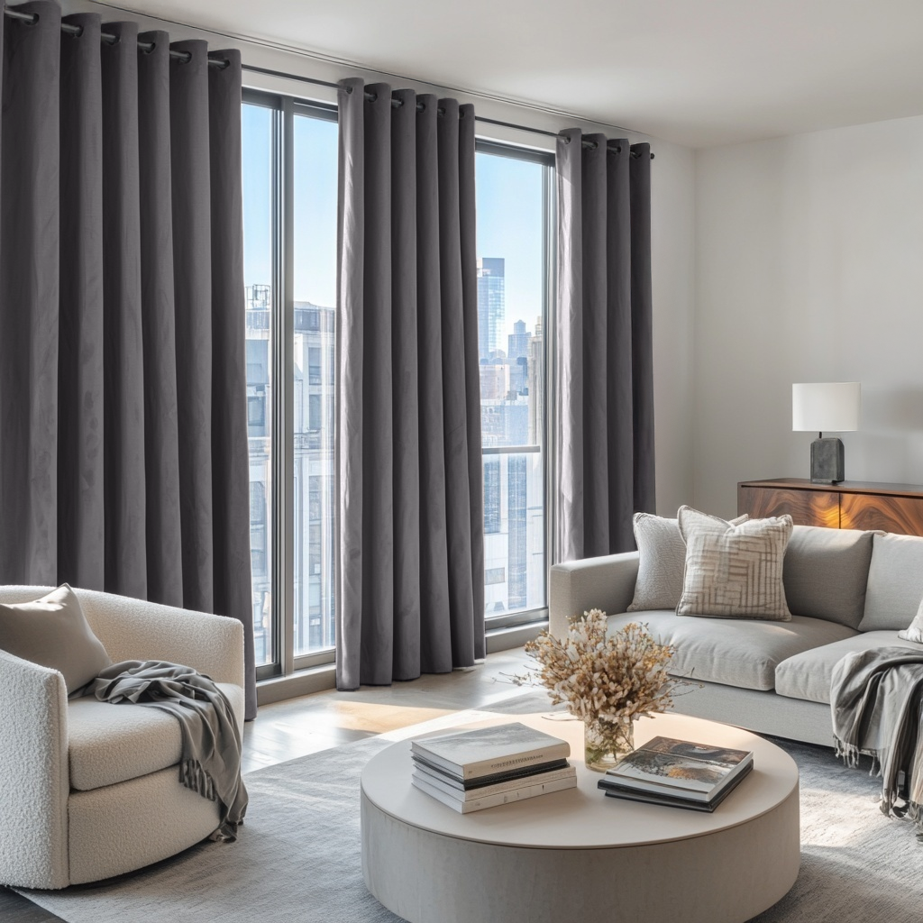 Grey Velvet Grommet Blackout Curtains in a Living Room with White Walls