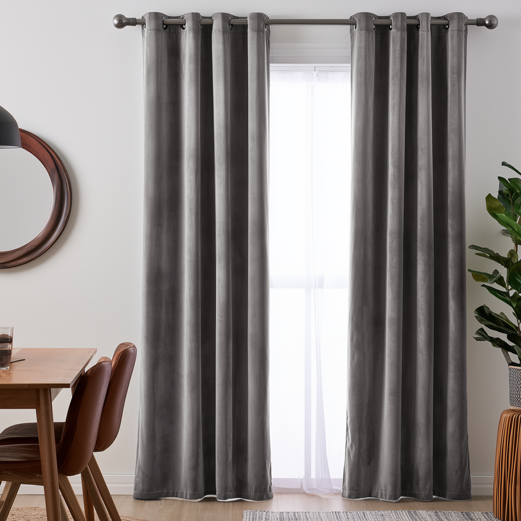 Grey Corduroy Curtains in a Spacious Dining Room with White Walls and a Large White and Brown Table, Brown Upholstered Chairs