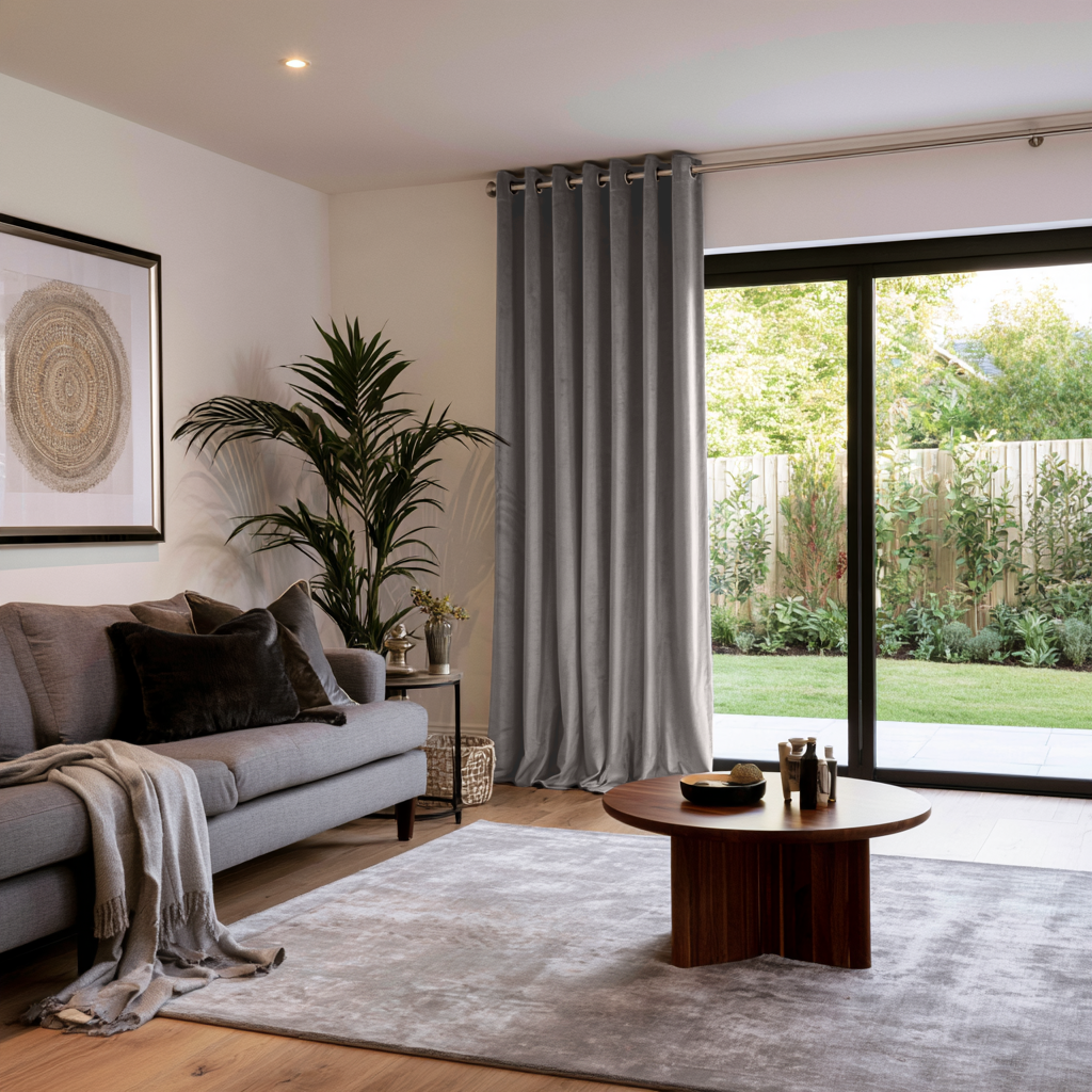 Grey Velvet Grommet Extra Long Curtains in a Modern Living Room with Grey Sofa, a Round Wooden Coffee Table and a Gray Area Rug