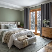 Grey Velvet Grommet Blackout Curtains in a Bedroom with Sage Green Walls
