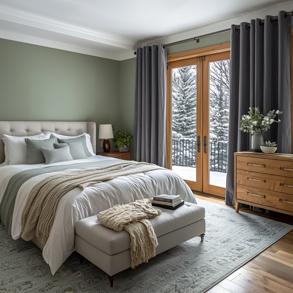 Grey Velvet Grommet Blackout Curtains in a Bedroom with Sage Green Walls