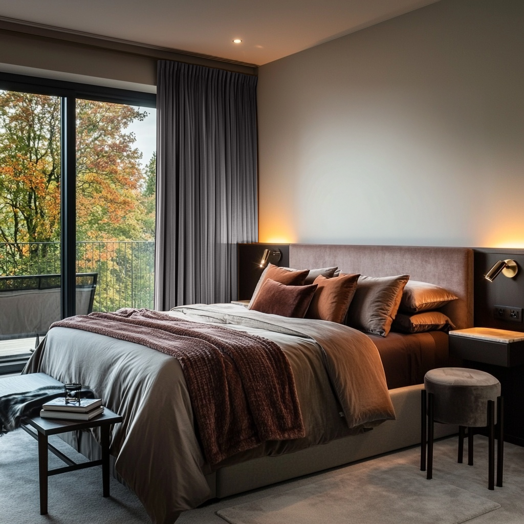 Grey Velvet Pencil Pleat Blackout Curtains for Sliding Doors in a Bedroom with Beige Walls
@Heading: Pencil Pleat