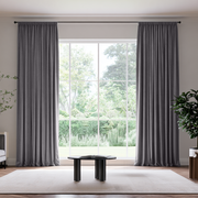 Grey Velvet Pencil Pleat Extra Long Curtains in a Minimalist Living Room with Panoramic Window and Garden View