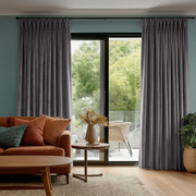 Grey Velvet Pinch Pleat Blackout Curtains for Sliding Doors in a Living with Blue Walls
@Heading: Pinch Pleat