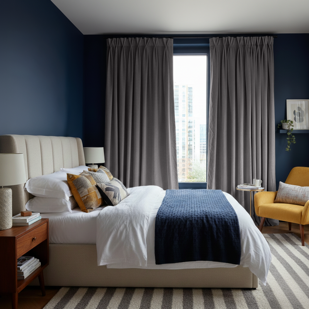 Grey Velvet Pinch Pleat Blackout Curtains in a Bedroom with Navy Blue Walls