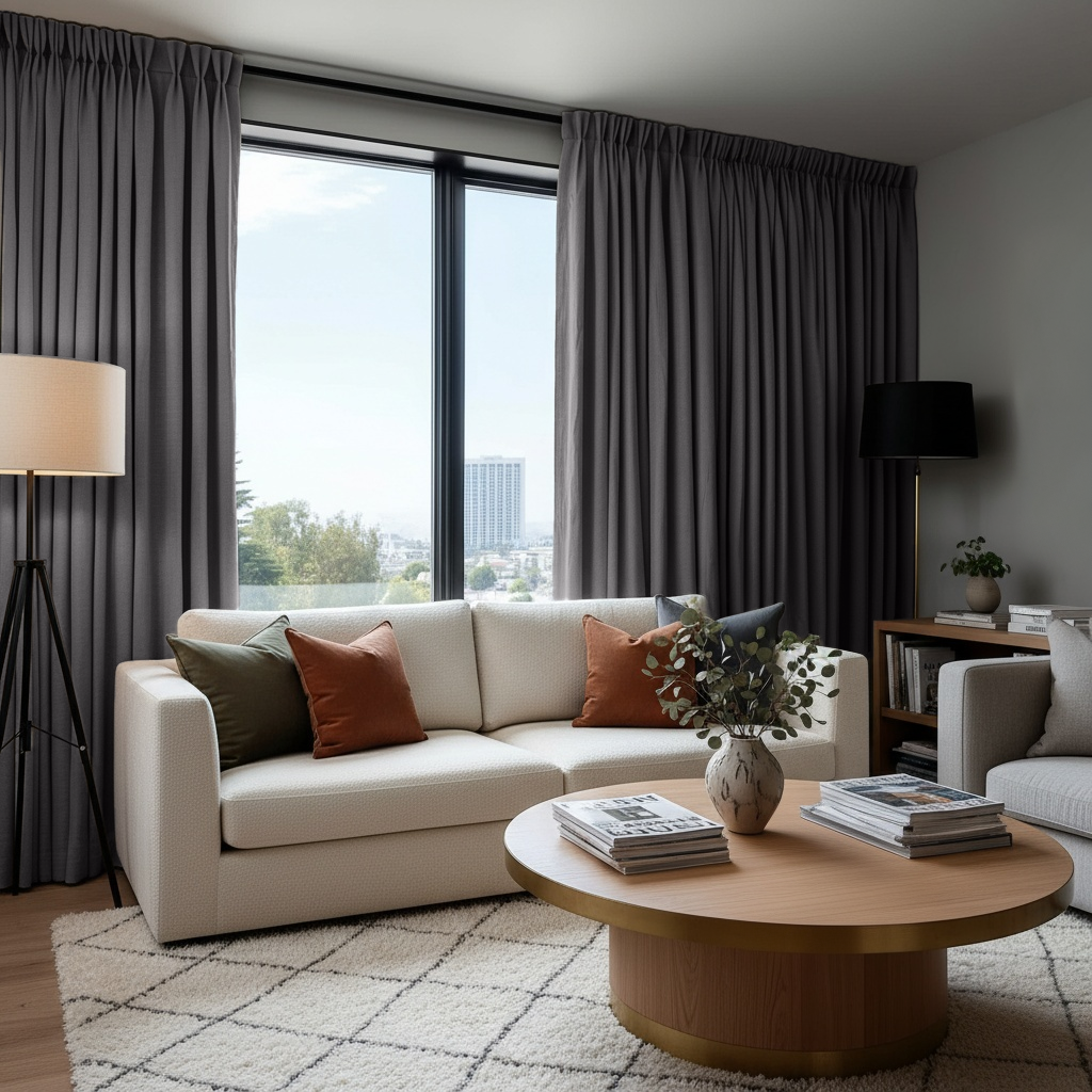 Grey Velvet Pinch Pleat Blackout Curtains in a Living Room with Grey Walls