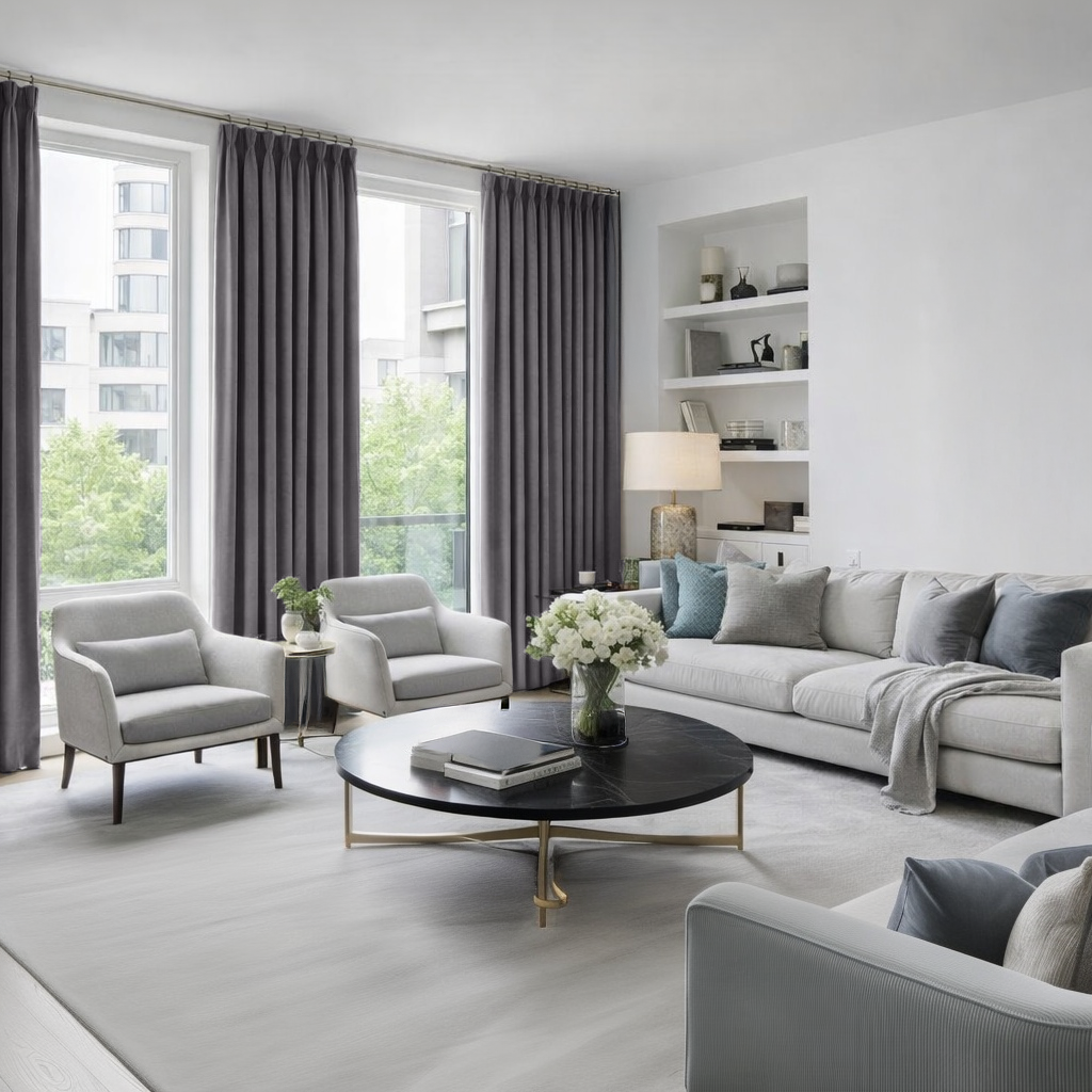 Grey Velvet Pinch Pleat Blackout Curtains in a Living Room with White Walls