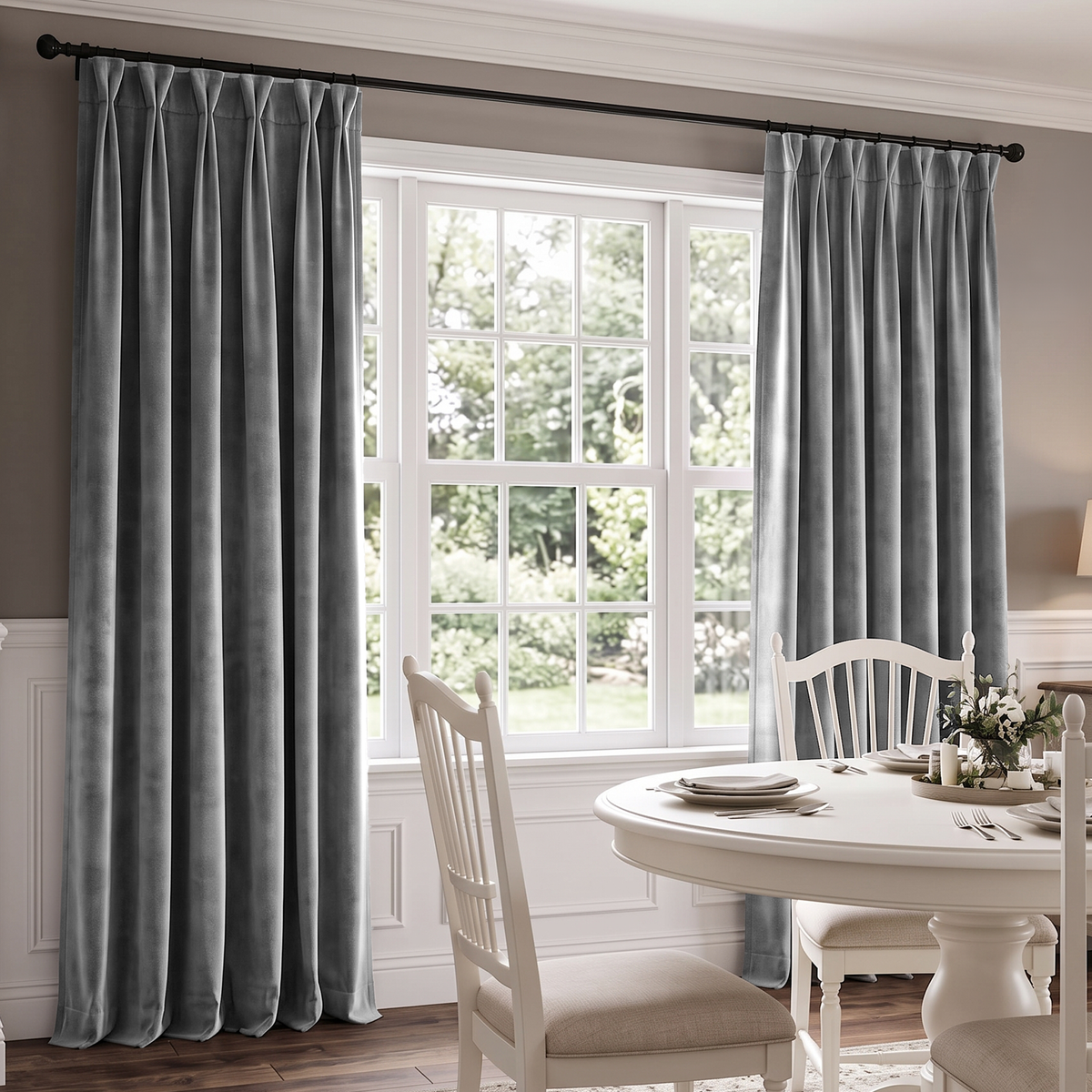 Grey velvet curtains in a dining room with grey walls, a white dining table, and a rug
