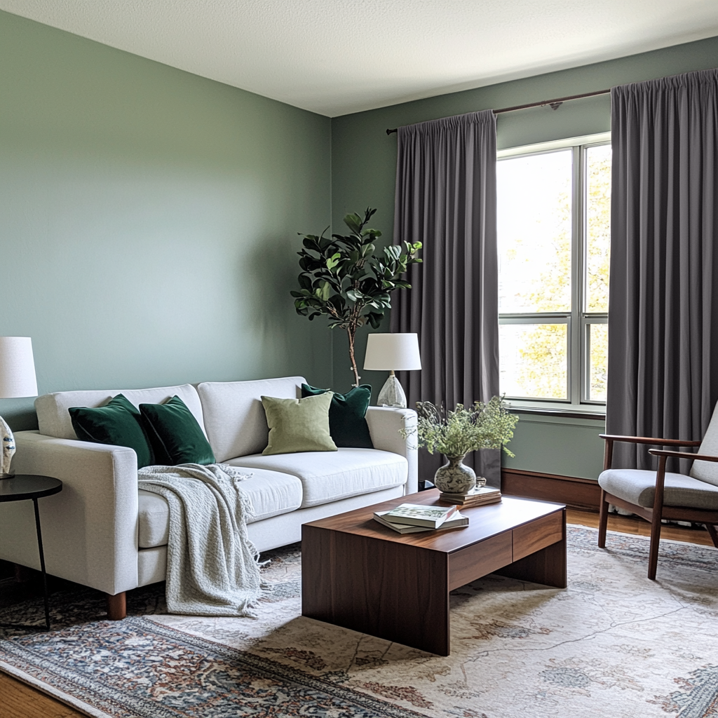 Grey Velvet Rod Pocket Blackout Curtains in a Living Room with Sage Green Walls