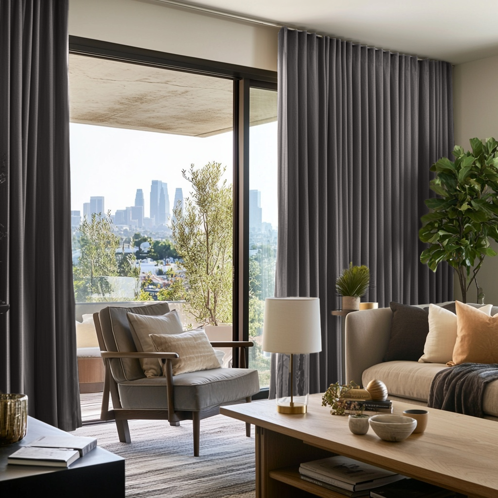 Grey Velvet S-Fold Blackout Curtains for Sliding Doors in a Living Room with Cream Walls
@Heading: S-Fold