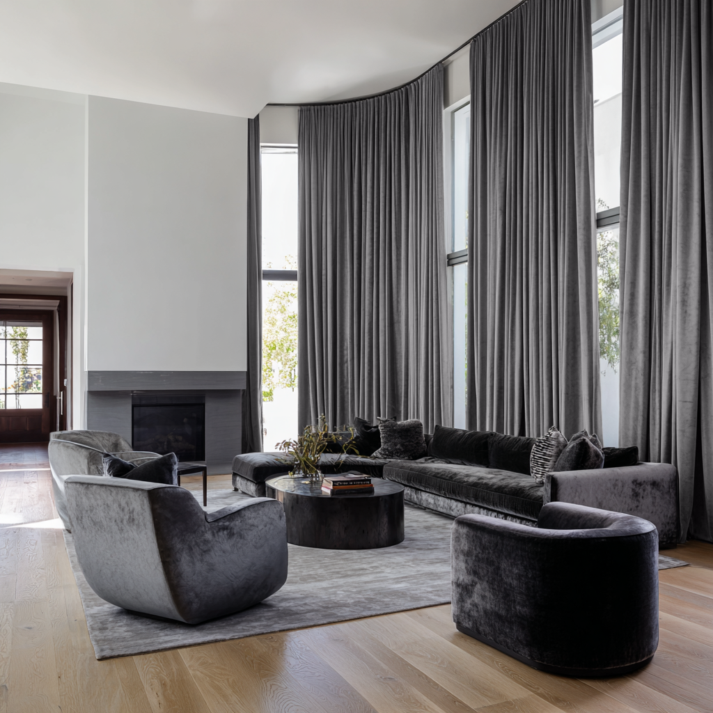 Grey Velvet Thermal Curtains with Multitape