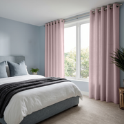 Dusty Pink Linen Grommet Bedroom Curtains in a Calm Bedroom with Blue Grey Walls, White Bedding and a Charcoal Knit Throw - Cotton Lining