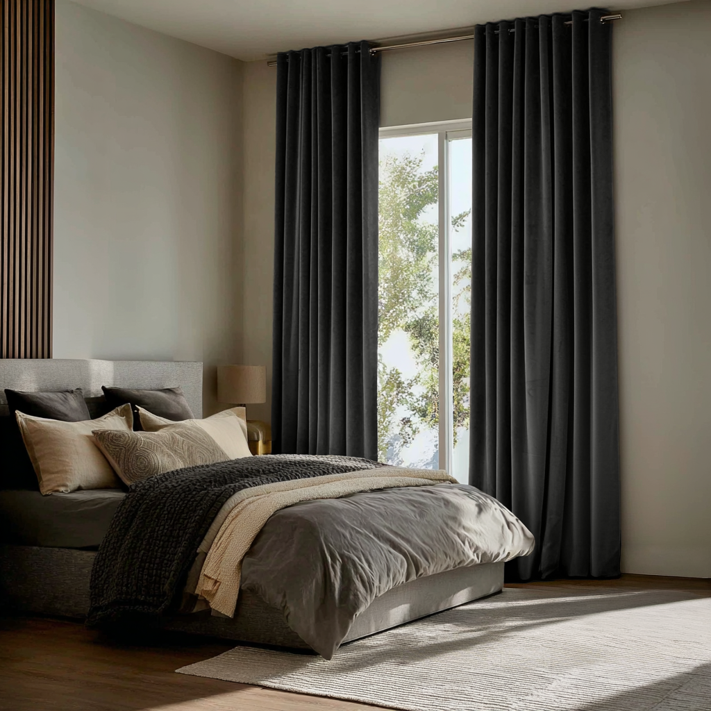 Dark Grey Velvet Grommet Curtains in a Modern Bedroom with Layered Neutral Bedding